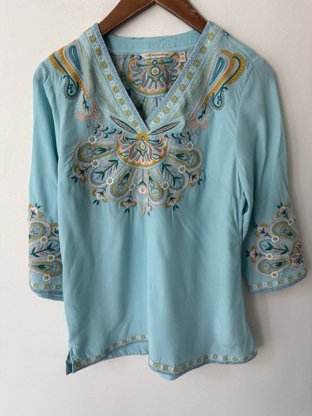 Soft Surroundings Womens PXS River Island Tunic Aqua Blue Embroidered Blouse
